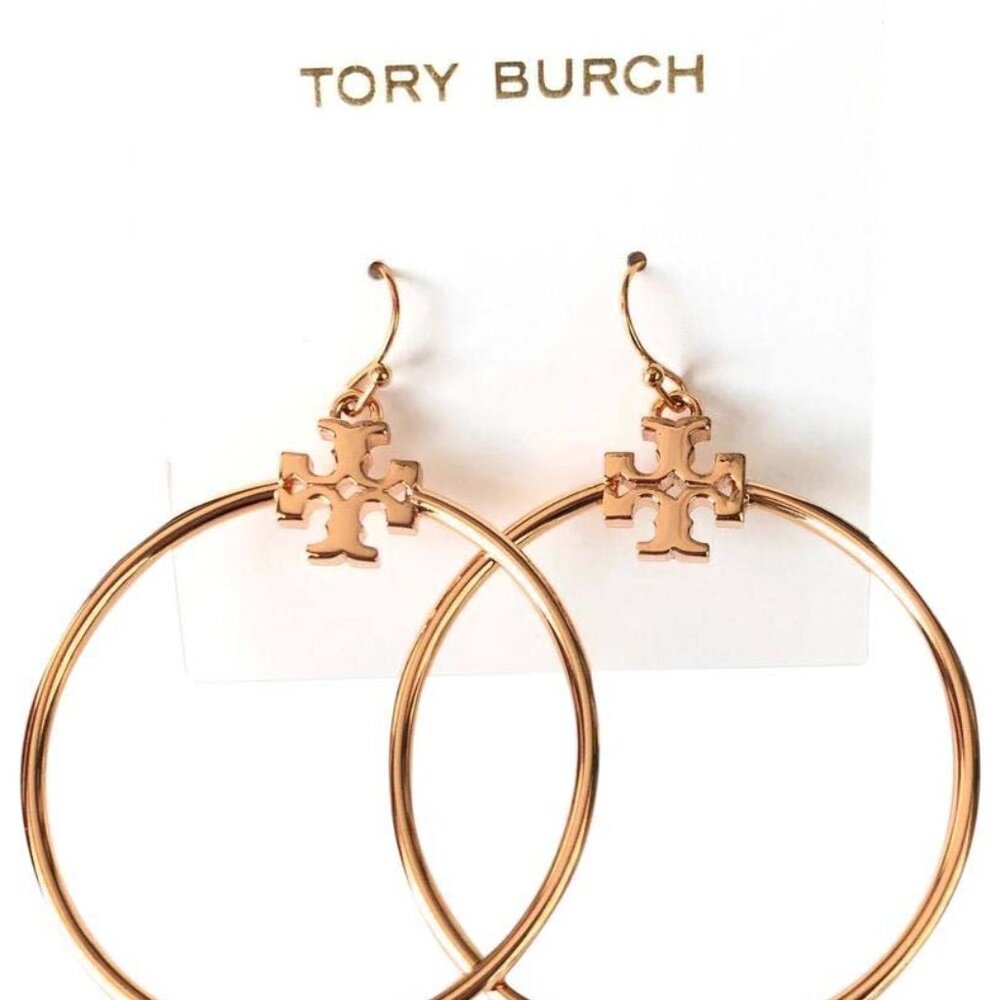 NEW Tory Burch Stacked Hoop Drop Earrings 1.5” Silver or Rose Gold - Picture 2 of 9